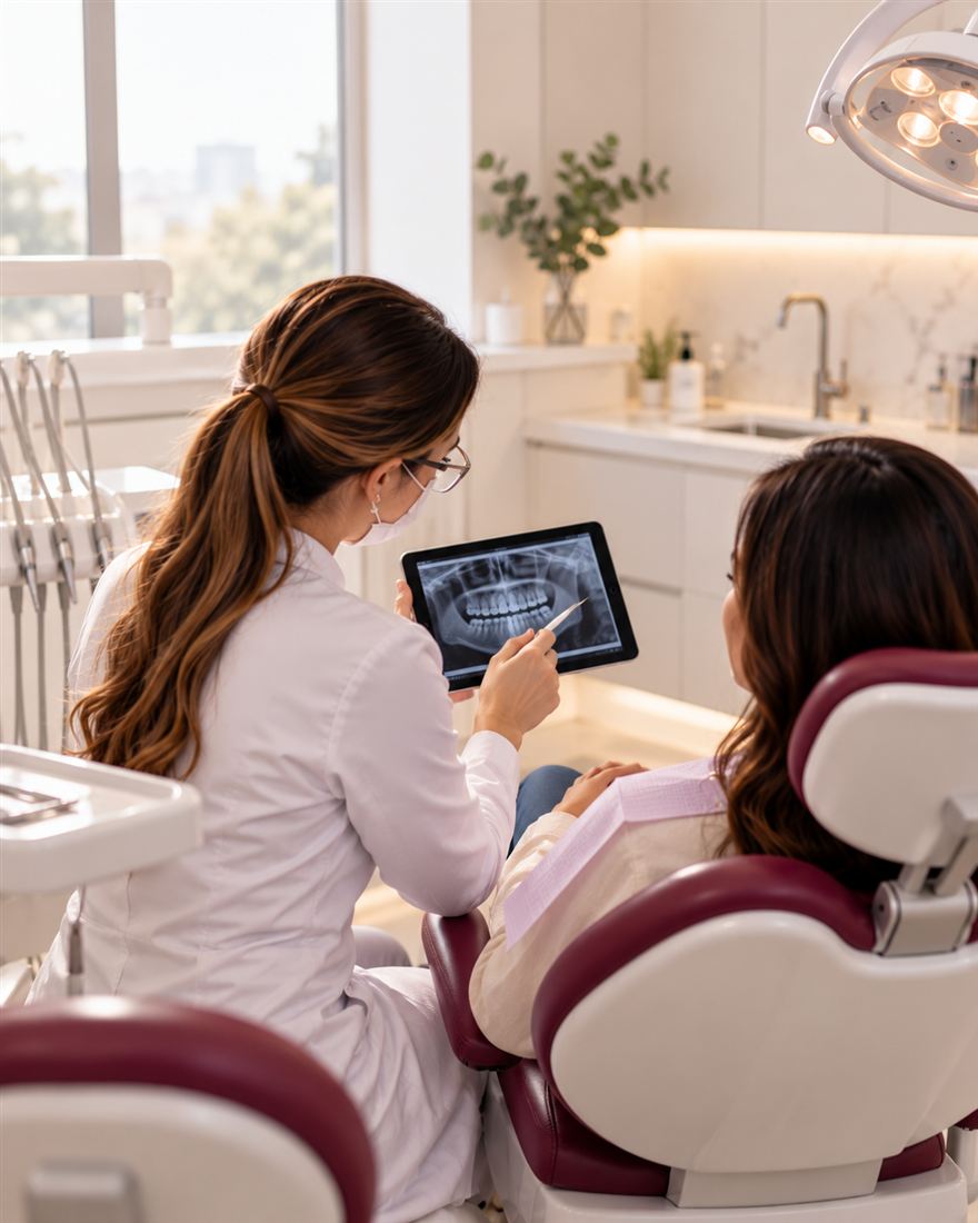 Dentista mostrando uma radiografia panorâmica no tablet para a paciente